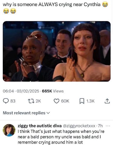 why is someone ALWAYS crying near Cynthia 7 06:04 03/02/2025 Views 83 Most relevant replies ziggy the autistic diva @ziggyrocketxxx think That’s just what happens when you’re near a bald person my unc
