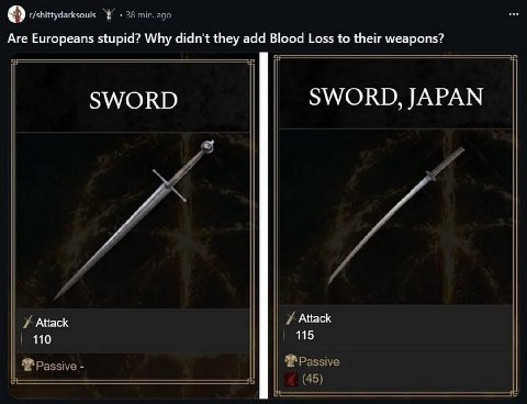 о 38 min. ago Are Europeans stupid? Why didn't they add Blood Loss to their weapons? oF SWORD SWORD, JAPAN и Attack 7 Attack 110 115 Passive Passive (45)
