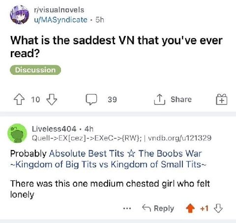 r/visualnovels u/MASyndicate What is the saddest that you've ever read? 39 Share Liveless404 Quell->EX[cez]->EXeC->{RW}: vndb.org/u121329 Probably Absolute Best Tits The Boobs War ~Kingdom of Big Tits
