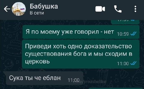 Бабушка me В сети У Я по моему уже говорил нет Приведи хоть одно доказательство существования бога и мы сходим в церковь Сука ты че еблан 11:00
