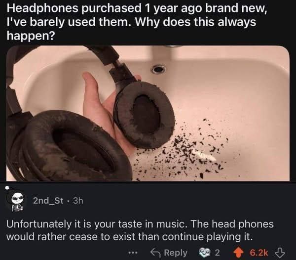 Headphones purchased 1 year ago brand new, I've barely used them. Why does this always happen? 1 у Unfortunately it is your taste in music. The head phones would rather cease to exist than continue pl