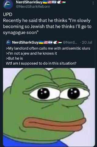 NerdSharkGuy UPD Recently he said that he thinks slowly becoming so Jewish that he thinks I'll to synagogue soon" NerdSharkGuy >My landlord often calls me with antisemitic slurs not and he knows it >B