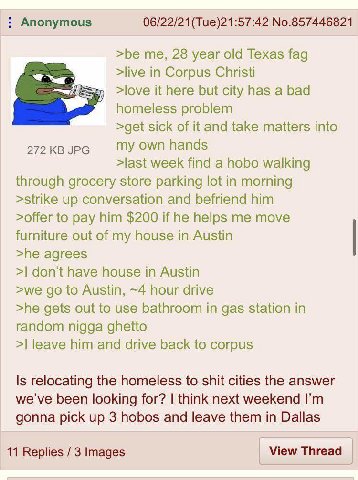 Anonymous 06/22/21(Тие)21:57:42 No.857446821 >be me, 28 year old Texas fag >live in Corpus Christi >love it here but city has a bad we homeless problem >get sick of it and take matters into 272 JPG my