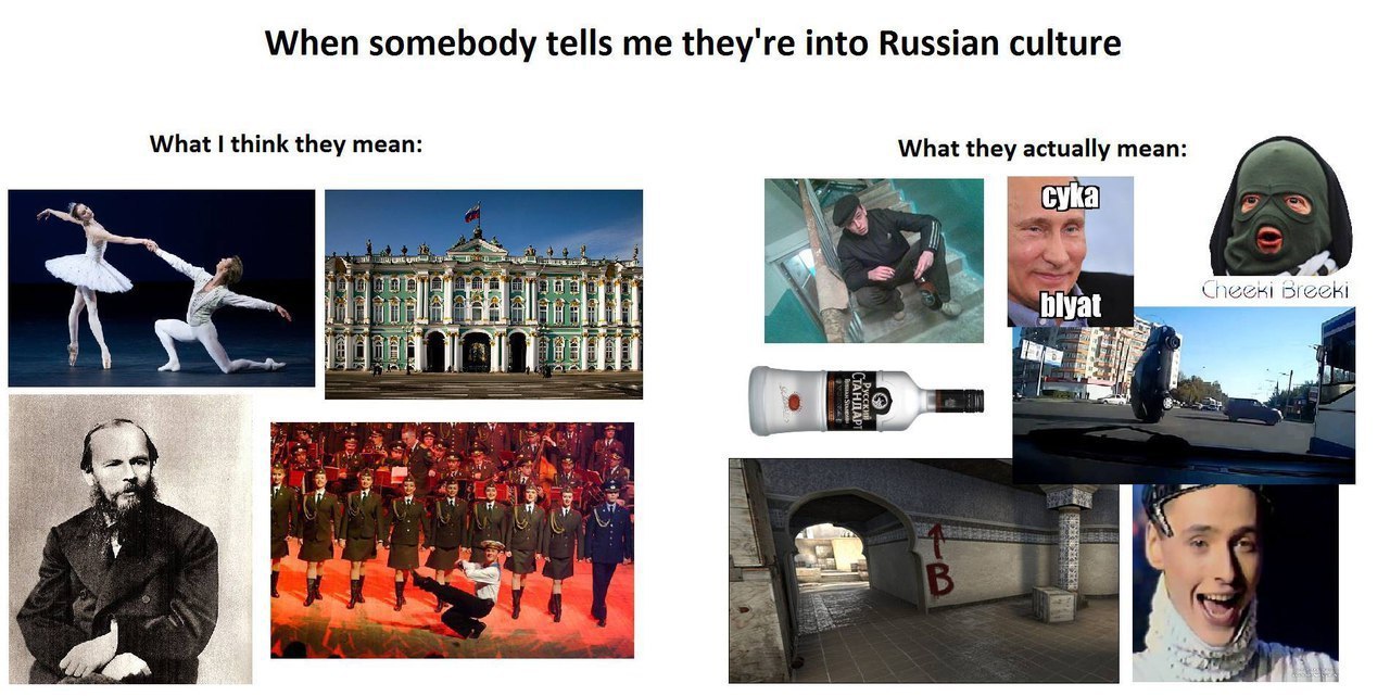 When somebody tells me they're into Russian culture What think they mean: What they actually mean: я Спеен Brecki a А к. he,