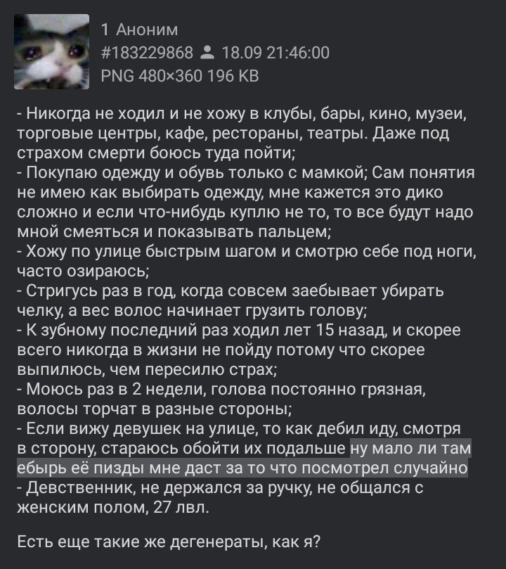а Аноним a #183229868 "8.09 27:46:00 PNG 196 Никогда не ходил и не хожу в клубы, бары, кино, музеи, торговые центры, кафе, рестораны, театры. Даже под страхом смерти боюсь туда пойти; Покупаю одежду и