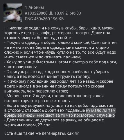 а Аноним a #183229868 "8.09 27:46:00 PNG 196 Никогда не ходил и не хожу в клубы, бары, кино, музеи, торговые центры, кафе, рестораны, театры. Даже под страхом смерти боюсь туда пойти; Покупаю одежду и