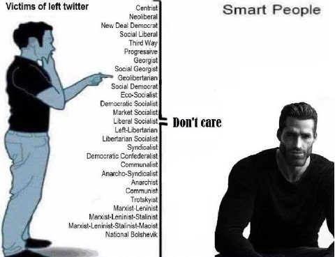 Victims of left twitter Centrist Smart People Neoliberal New Deal Democrat Social Liberal Third Way Progressive Georgist Social Georgist Geolibertarian Social Democrat Eco-Socialist Democratic Sociali