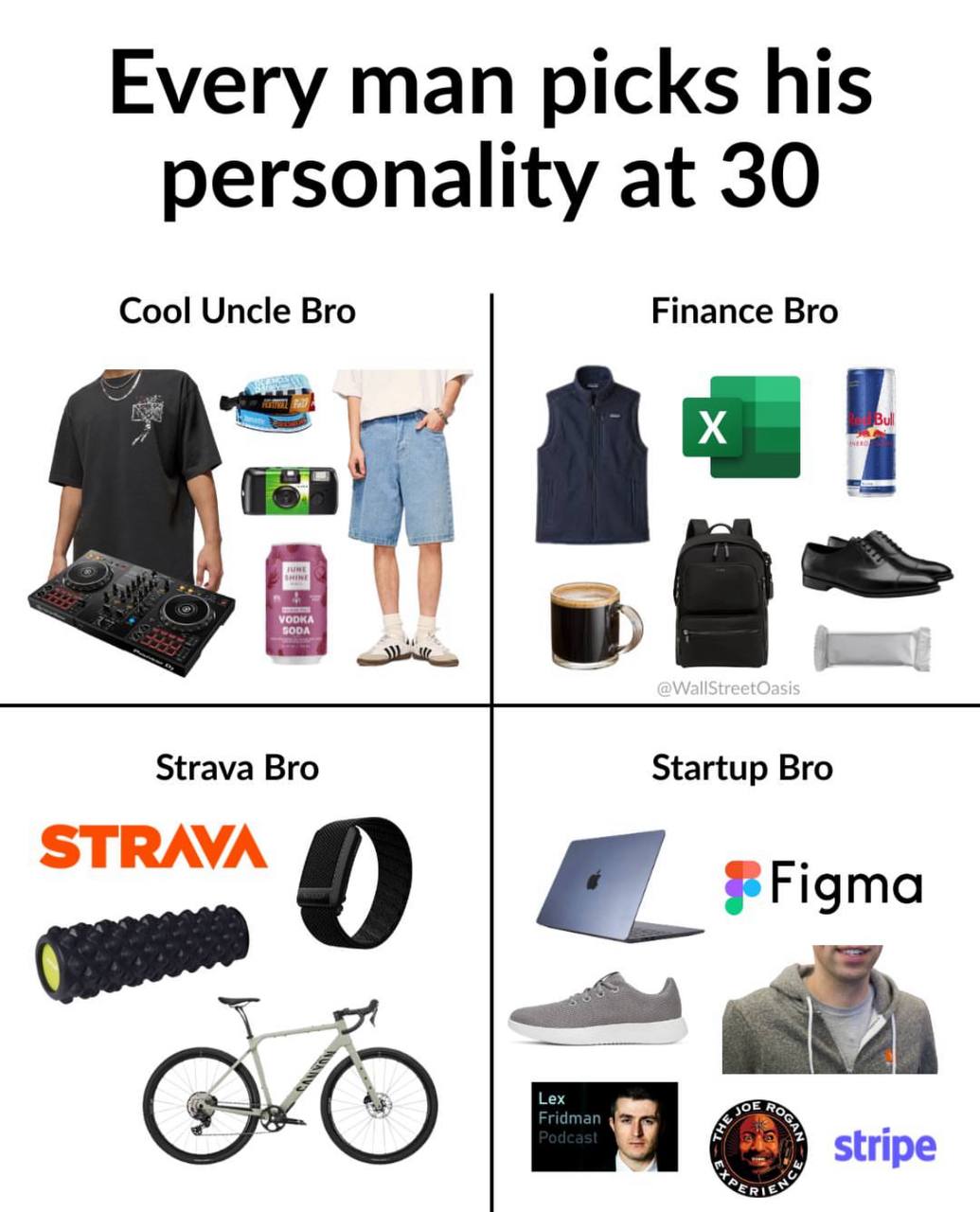 Every man picks his personality at 30 Cool Uncle Bro Finance Bro Strava Bro Startup Bro STRAVA 0 7 У stripe