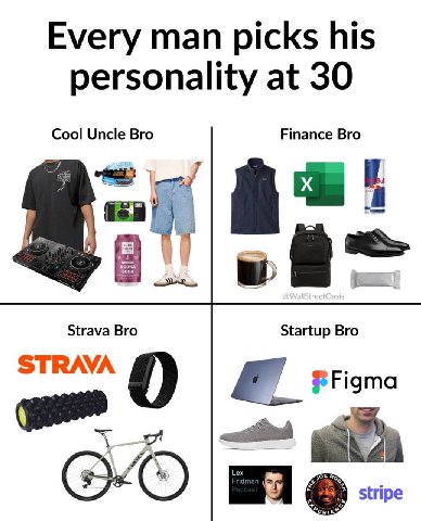 Every man picks his personality at 30 Cool Uncle Bro Finance Bro Strava Bro Startup Bro STRAVA 0 7 У stripe
