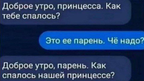 Доброе утро, принцесса. Как тебе спалось? Это ее парень. Чё надо? Доброе утро, парень. Как спалось нашей принцессе?