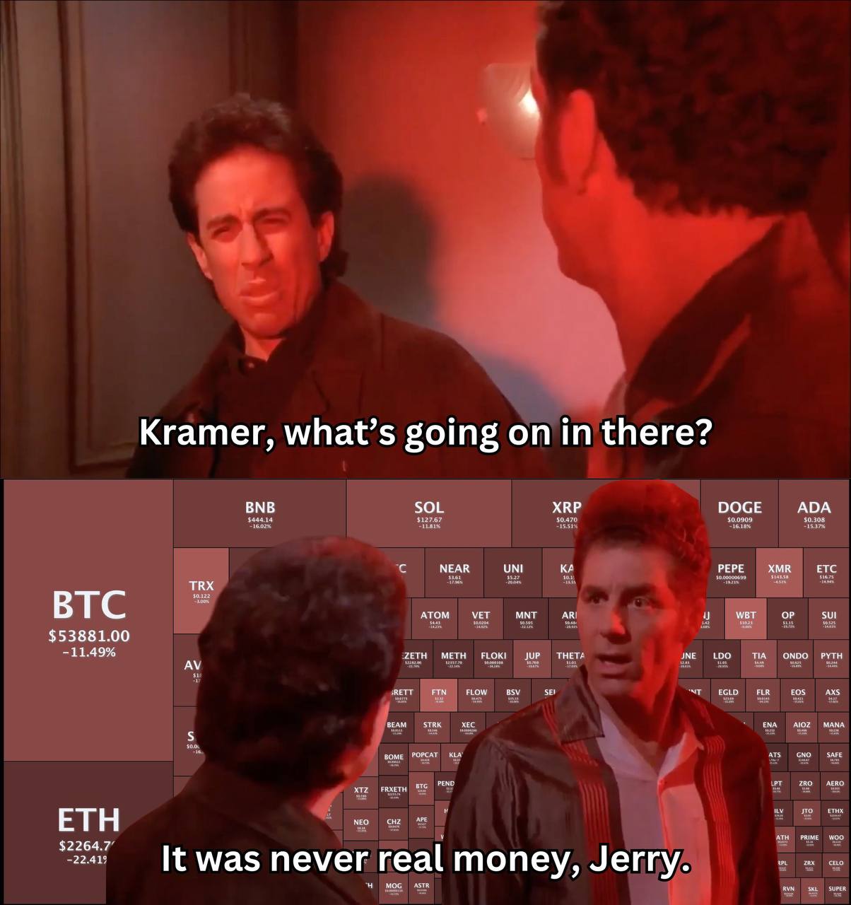 4 Kramer, what’s going on in there? вме soL DOGE АРА с NEAR UNI PEPE XMR ЕТС ВТС АТОМ VEE MNT wer $53881.00 вок ETH It was never real money, Jerry.