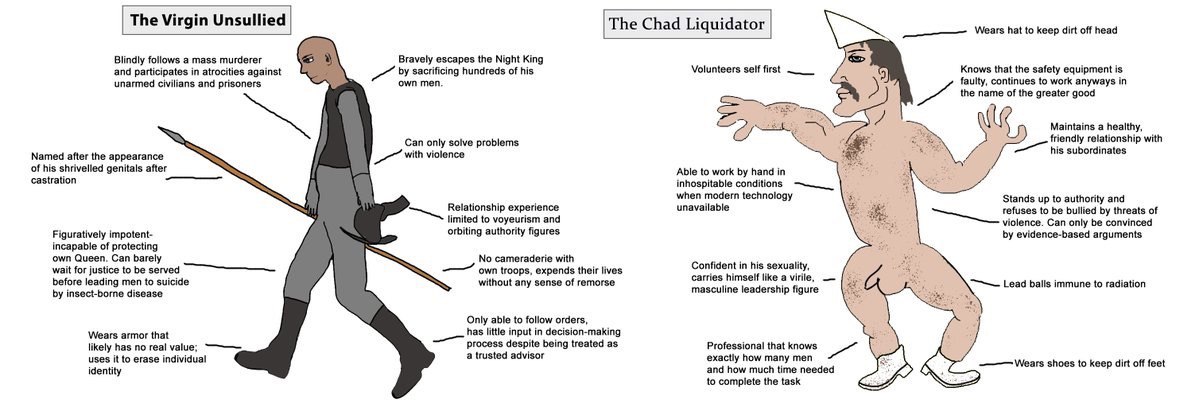 The Virgin Unsullied The Chad Liquidator Wears hat to keep dirt off head Я Blindly follows а mass murderer Bravely escapes the Night King and participates atrocities against sacrificing hundreds of hi