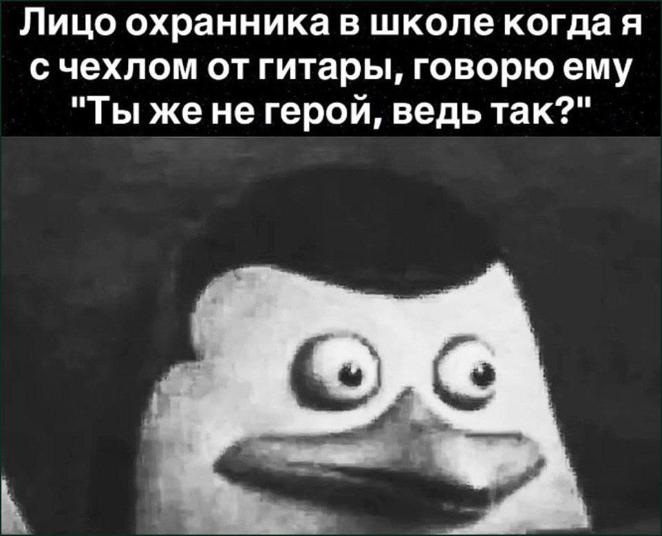Лицо охранника в школе когда я с чехлом от гитары, говорю ему "Ты жене герой, ведь так?"
