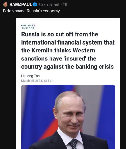 RAMZPAUL Biden saved Russia's economy. Russia is so cut off from the international financial system that the Kremlin thinks Western sanctions have the country against the banking crisis Huileng Tan