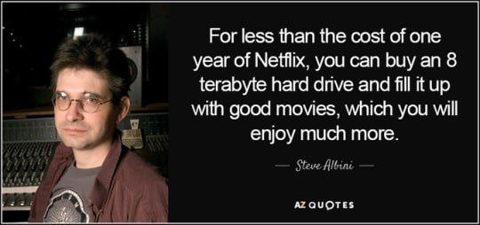 For less than the cost of one year of Netflix, you can buy an 8 terabyte hard апуе and fill it up with good movies, which you will enjoy much more. QUOTES
