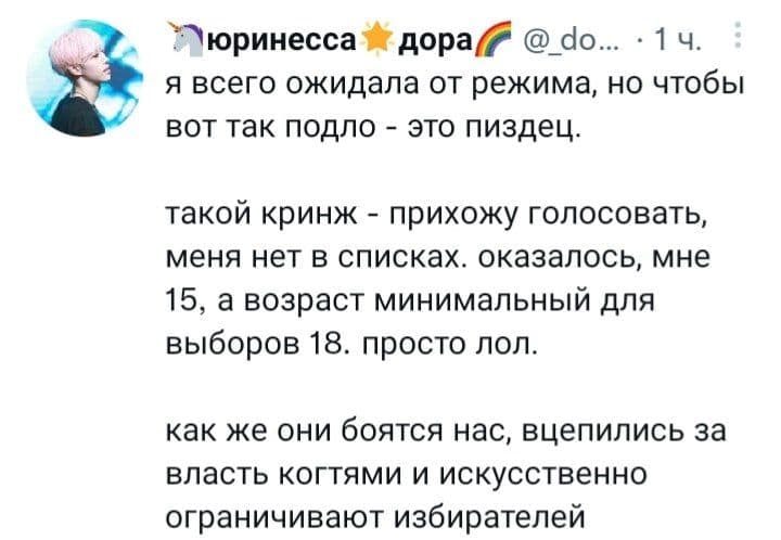 дора/Й 14. я всего ожидала от режима, но чтобы BOT так подло это пиздец. такой кринж прихожу голосовать, меня нет в списках. оказалось, мне 15, а возраст минимальный для выборов 18. просто лол. как же