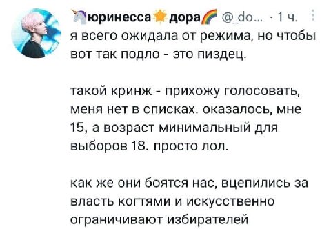 дора/Й 14. я всего ожидала от режима, но чтобы BOT так подло это пиздец. такой кринж прихожу голосовать, меня нет в списках. оказалось, мне 15, а возраст минимальный для выборов 18. просто лол. как же