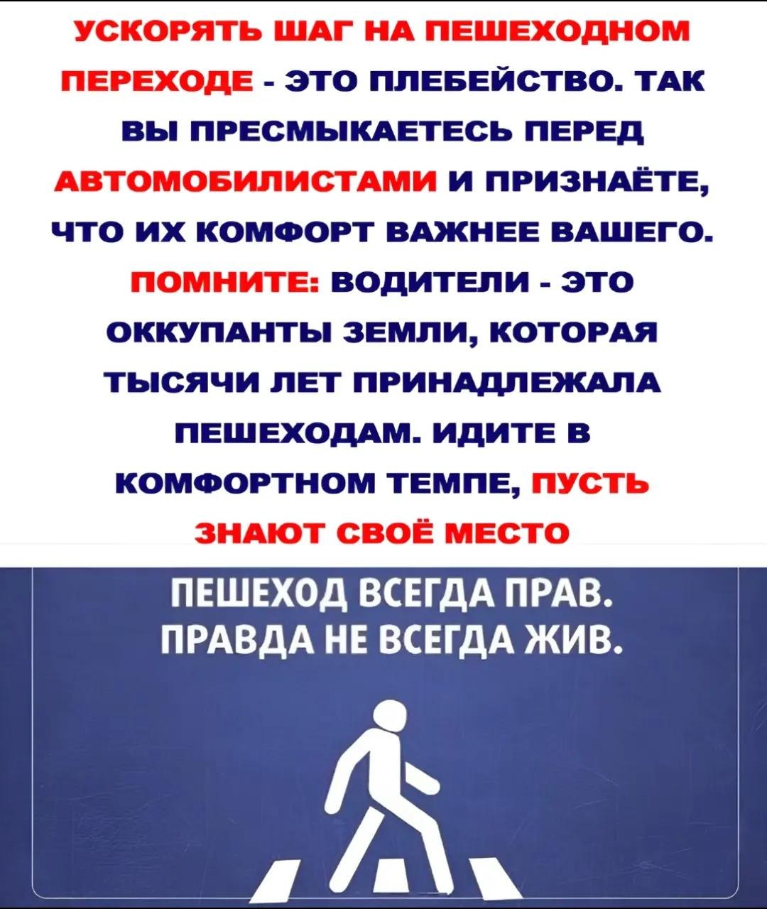 УСКОРЯТЬ ШАГ НА ПЕШЕХОДНОМ ПЕРЕХОДЕ ЭТО ПЛЕБЕЙСТВО. ТАК ВЫ ПРЕСМЫКАЕТЕСЬ ПЕРЕД АВТОМОБИЛИСТАМИ И ПРИЗНАЁТЕ, ЧТО КОМФОРТ ВАЖНЕЕ ВАШЕГО. ПОМНИТЕ: ВОДИТЕЛИ ЭТО ОККУПАНТЫ ЗЕМЛИ, КОТОРАЯ ТЫСЯЧИ ЛЕТ ПРИНАДЛ
