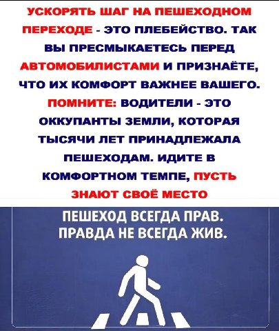УСКОРЯТЬ ШАГ НА ПЕШЕХОДНОМ ПЕРЕХОДЕ ЭТО ПЛЕБЕЙСТВО. ТАК ВЫ ПРЕСМЫКАЕТЕСЬ ПЕРЕД АВТОМОБИЛИСТАМИ И ПРИЗНАЁТЕ, ЧТО КОМФОРТ ВАЖНЕЕ ВАШЕГО. ПОМНИТЕ: ВОДИТЕЛИ ЭТО ОККУПАНТЫ ЗЕМЛИ, КОТОРАЯ ТЫСЯЧИ ЛЕТ ПРИНАДЛ