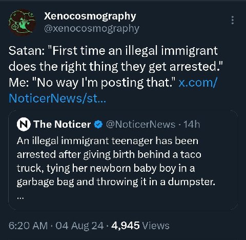 Xenocosmography Satan: "First time an illegal immigrant does the right thing they get arrested." Me: "No way posting that." x.com/ NoticerNews/st... The Noticer @NoticerNews An illegal immigrant teena