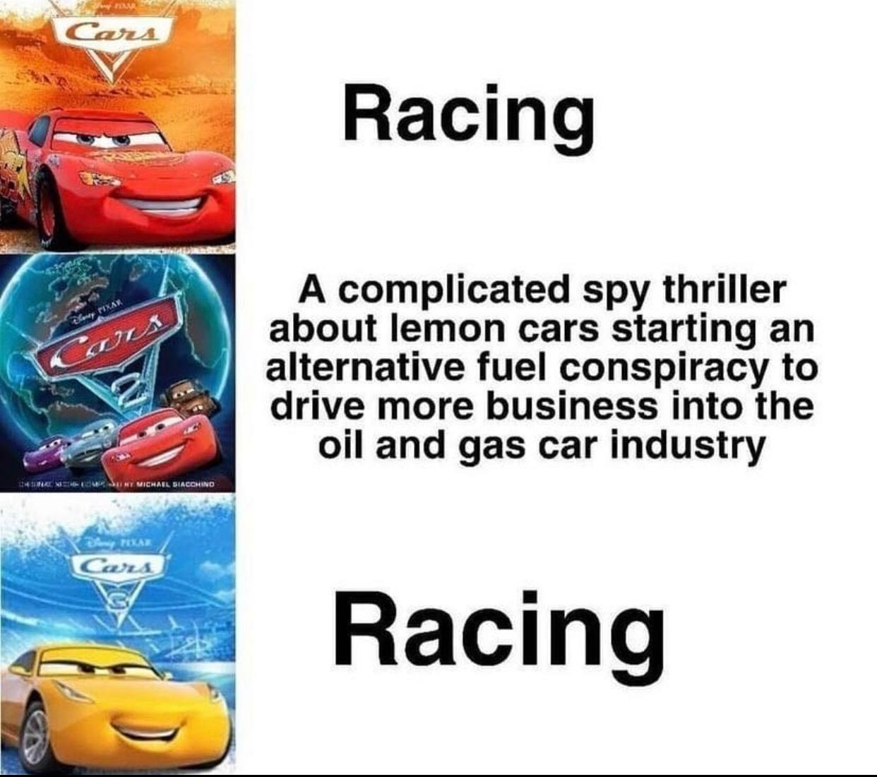 Acomplicated spy thriller about lemon cars starting an alternative fuel conspiracy to drive more business into the oil and gas car industry Вас 5