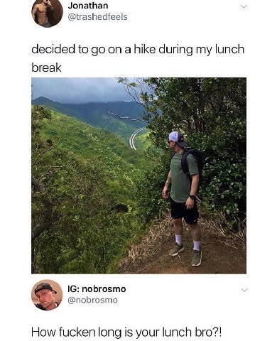 Jonathan @trashedfeels decided to on a hike during my lunch break nobrosmo у @nobrosmo How fucken long is your lunch bro?!