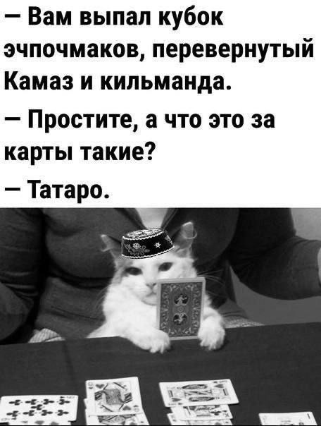 Вам выпал кубок эчпочмаков, перевернутый Камаз и кильманда. Простите, а что это за карты такие? Татаро.