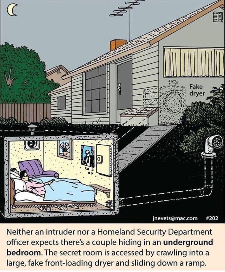 ЕЕ Fake dryer ЕЕ So jnevets@mac.com #202 Neither an intruder nor a Homeland Security Department officer expects a couple hiding in an underground bedroom. The secret room is accessed crawling into a l