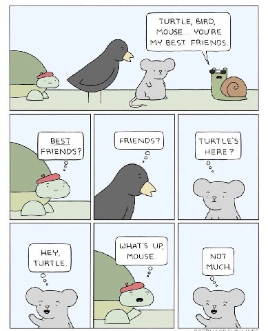 TURTLE, BIRD, MOUSE... YOU'RE MY BEST FRIENDS. BEST TURTLE'S FRIENDS? 5 HERE? о WHAT'S UP, MOUSE. NOT TURTLE.