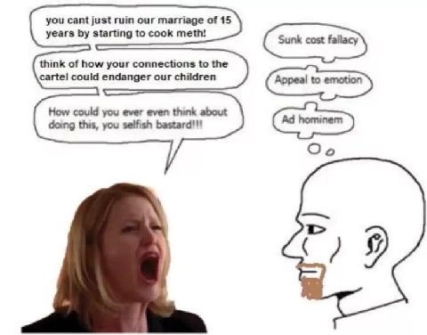 you cant just ruin our marriage of 15 years starting to cook meth! think of how your connections to the cartel could endanger our children Appeal to How could you ever even think about doing this, you