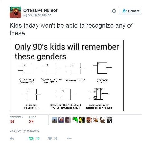 Offensive Humor Follow Kids today won't be able to recognize any of these. Only kids will remember these genders 8) коньюнктор 6) зпемент"И-НЕ’ (зпемент А) инвертор злемент НЕРАВНОЗНАЧ- ж) с *HE") НОС