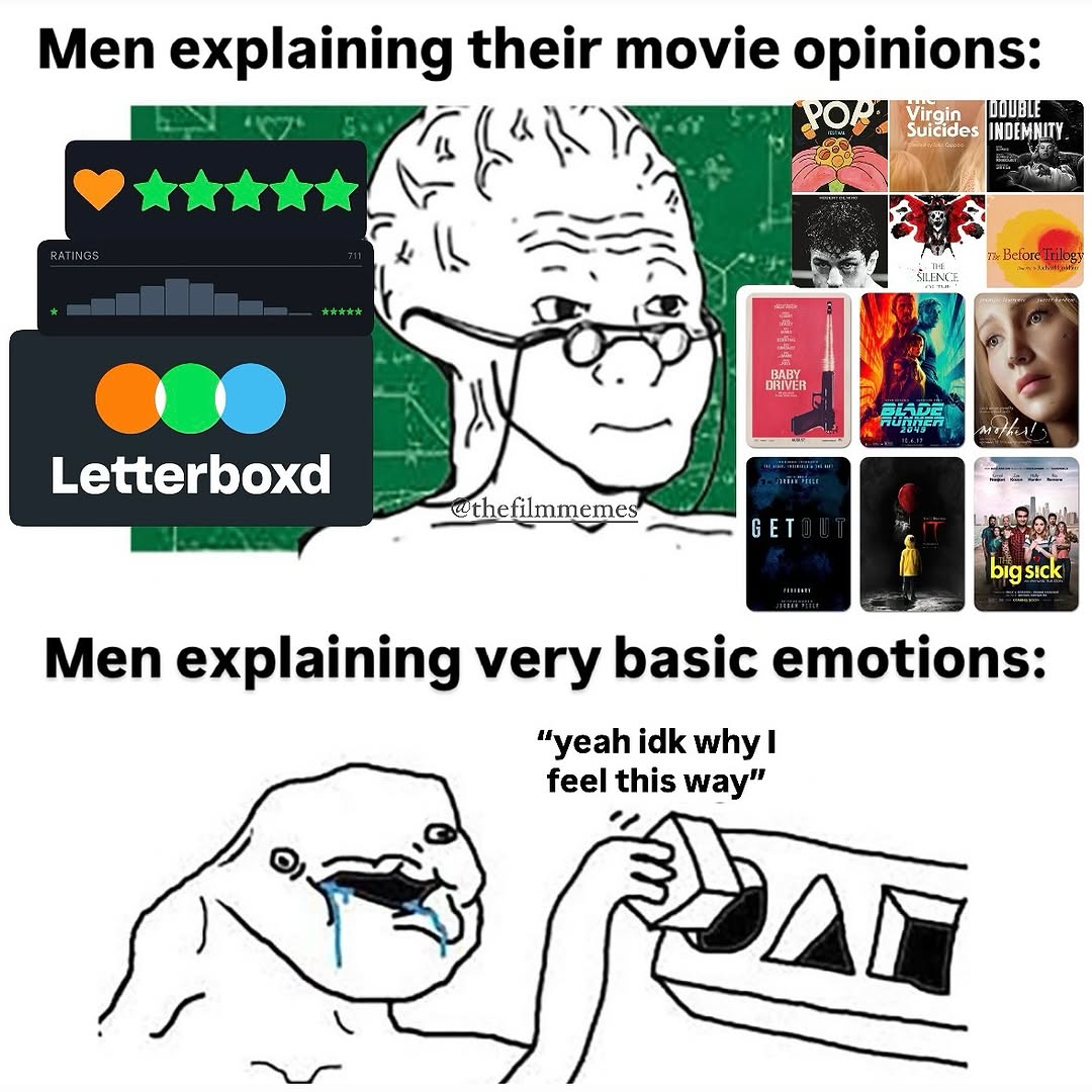 Men explaining their movie opinions: A А Letterboxd bigsic Men explaining very basic emotions: “yeah idk why! feel this way”