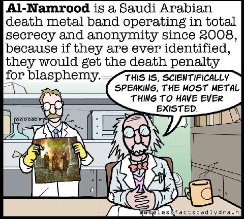 Al-Namrood is a Saudi Arabian death metal band operating in total secrecy and anonymity since 2008, because if they are ever identified, they would get the death penalty for blasphemy. THIS IS, SCIENT