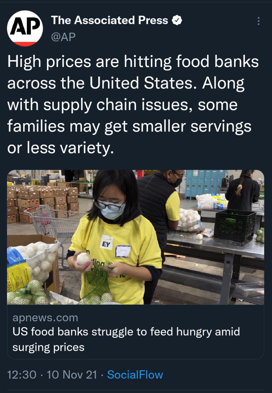 The Associated Press High prices are hitting food banks across the United States. Along with supply chain issues, some families may get smaller servings or less variety. Я apnews.com food banks strugg