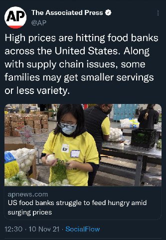 The Associated Press High prices are hitting food banks across the United States. Along with supply chain issues, some families may get smaller servings or less variety. Я apnews.com food banks strugg