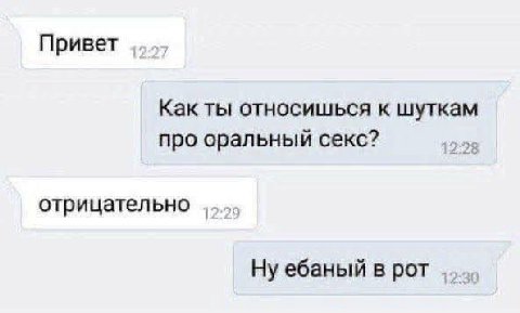 Привет Как ты относишься к шуткам про оральный секс? отрицательно Ну ебаный в рот