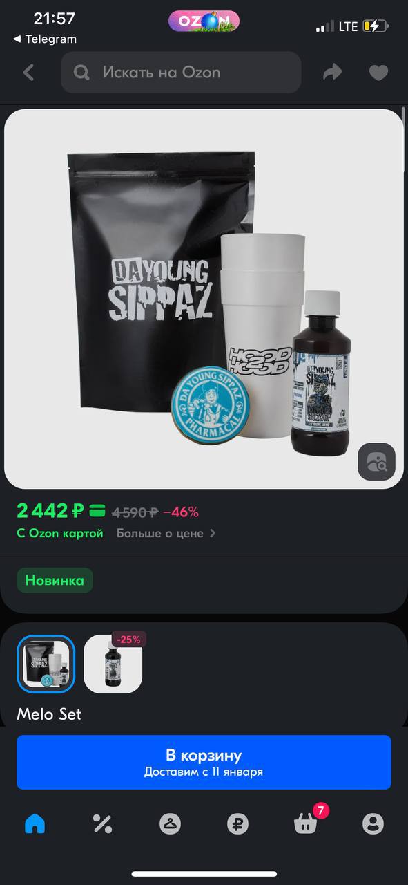 21:57 wail LTE Telegram Искать Ozon SIPPAZ a 2442? 46 С Ozon картой Больше о цене Новинка Melo Set В корзину Доставим с января 7 в
