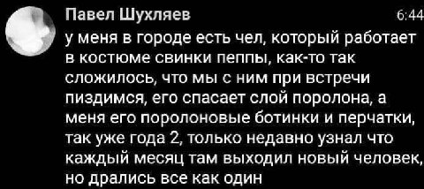 Павел Шухляев у меня в городе есть чел, который работает в костюме свинки пеппы, как-то так сложилось, что мы с ним при встречи пиздимся, его спасает слой поролона, а меня его поролоновые ботинки и пе