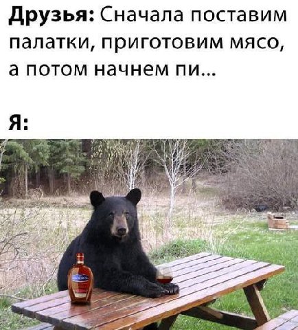 Друзья: Сначала поставим палатки, приготовим мясо, а потом начнем