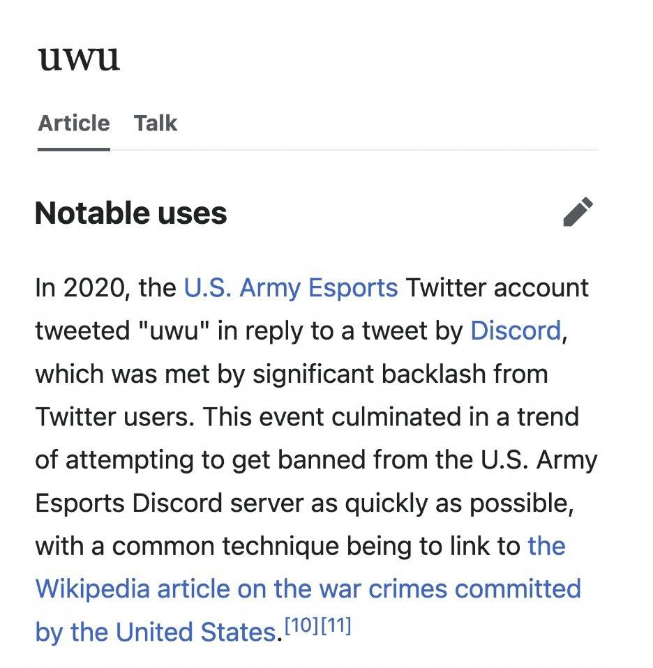 uwu Article Talk Notable uses In 2020, the Army Esports Twitter account tweeted "uwu" in reply to a tweet Discord, which was met significant backlash from Twitter users. This event culminated in a tre
