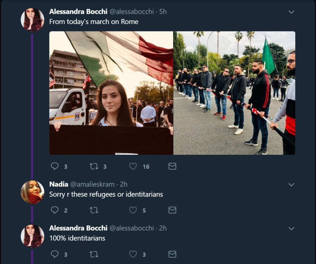 Alessandra Восс @alessabocchi у From today’s march Коте i 4 1 $5 4 3 3 2 16 Nadia @amalieskram Sorry these refugees or identitarians 2 {4 в Alessandra @alessabocchi i 100% identitarians 2 3