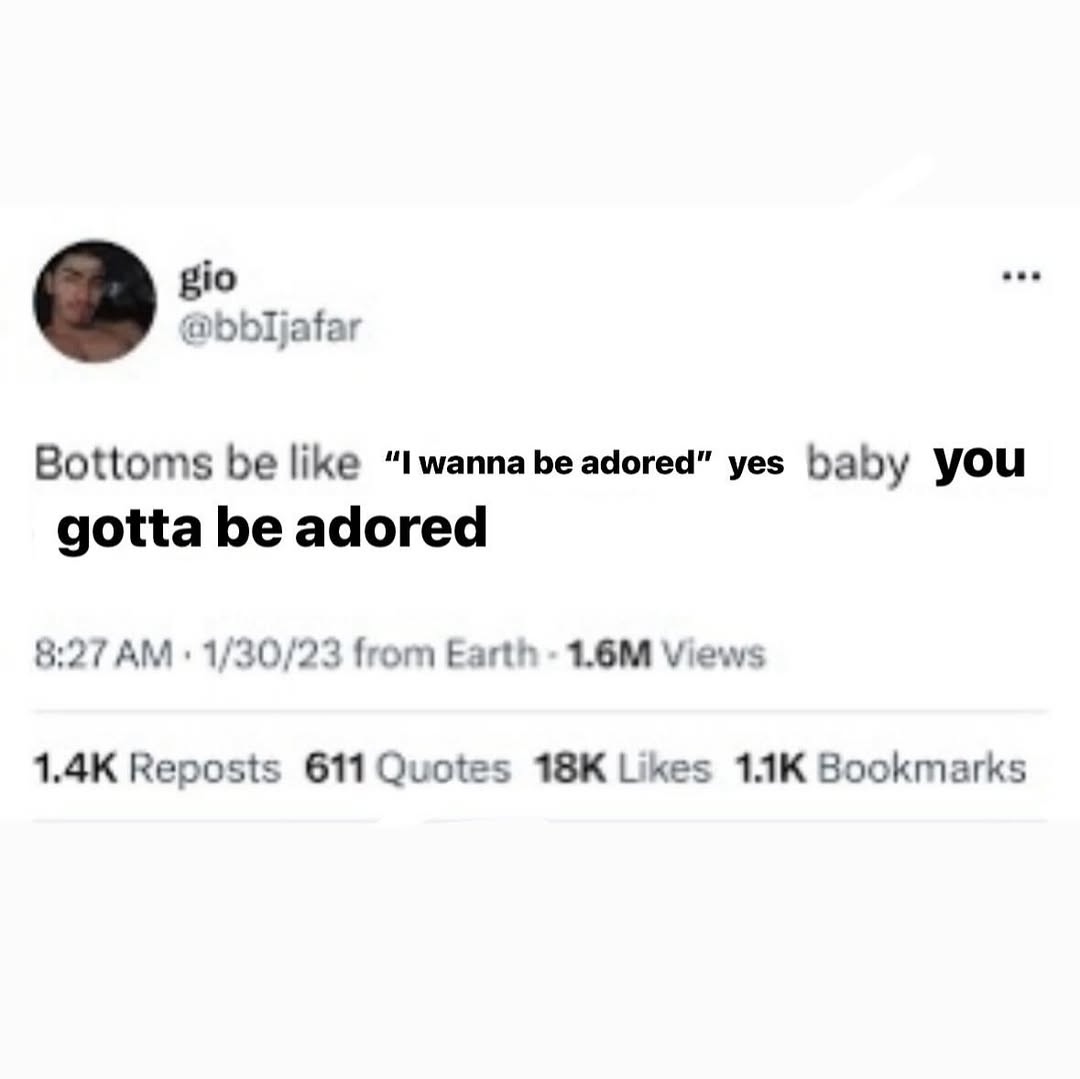 gio @bbijafar Bottoms be like yes baby you gotta be adored 8:27 1/30/23 from Earth Views Reposts 611 Quotes Likes Bookmarks