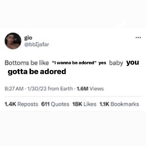 gio @bbijafar Bottoms be like yes baby you gotta be adored 8:27 1/30/23 from Earth Views Reposts 611 Quotes Likes Bookmarks