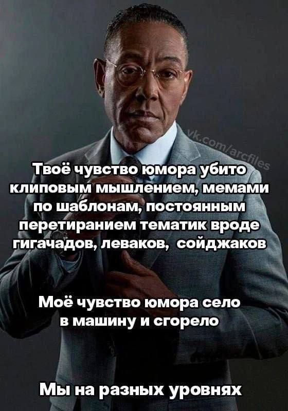 у Твоё чувство юмора убито клиповым мышлением, мемами по шаблонам, постоянным перетиранием тематик вроде гигачадов, леваков, сойджаков Моё чувство юмора село в машину и сгорело Мы на разных уровнях