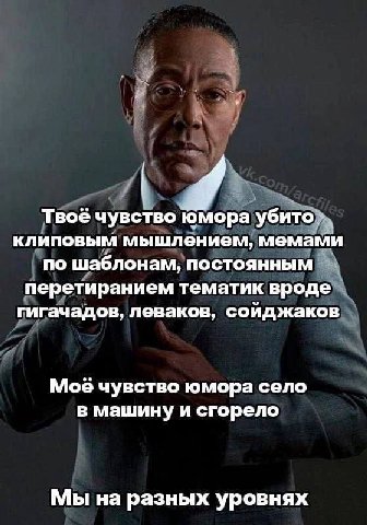 у Твоё чувство юмора убито клиповым мышлением, мемами по шаблонам, постоянным перетиранием тематик вроде гигачадов, леваков, сойджаков Моё чувство юмора село в машину и сгорело Мы на разных уровнях
