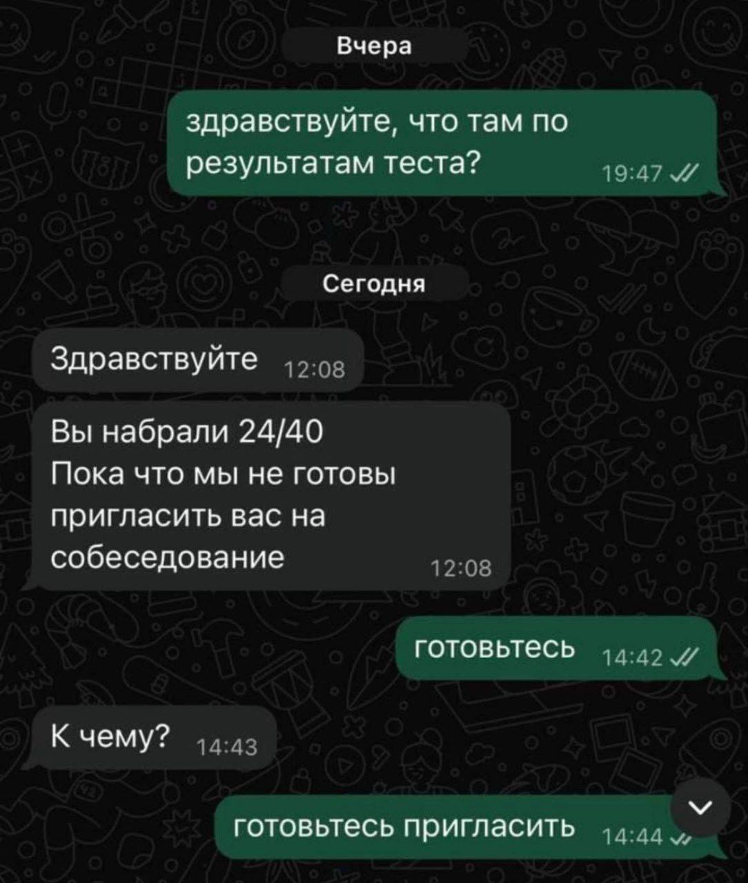 Вчера здравствуйте, что там по результатам теста? Сегодня Здравствуйте Вы набрали 24/40 Пока что мы не готовы пригласить вас на собеседование готовьтесь К чему? готовьтесь пригласить