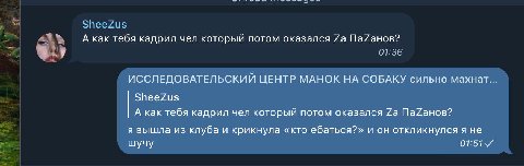 А как тебя кадрил чел который потом оказался (07:30 ИССЛЕДОВАТЕЛЬСКИЙ ЦЕНТР МАНОК НА СОБАКУ сильно махнат. SheeZus А как тебя кадрил чел который потом оказался я вышла из клуба и крикнула «кто ебаться