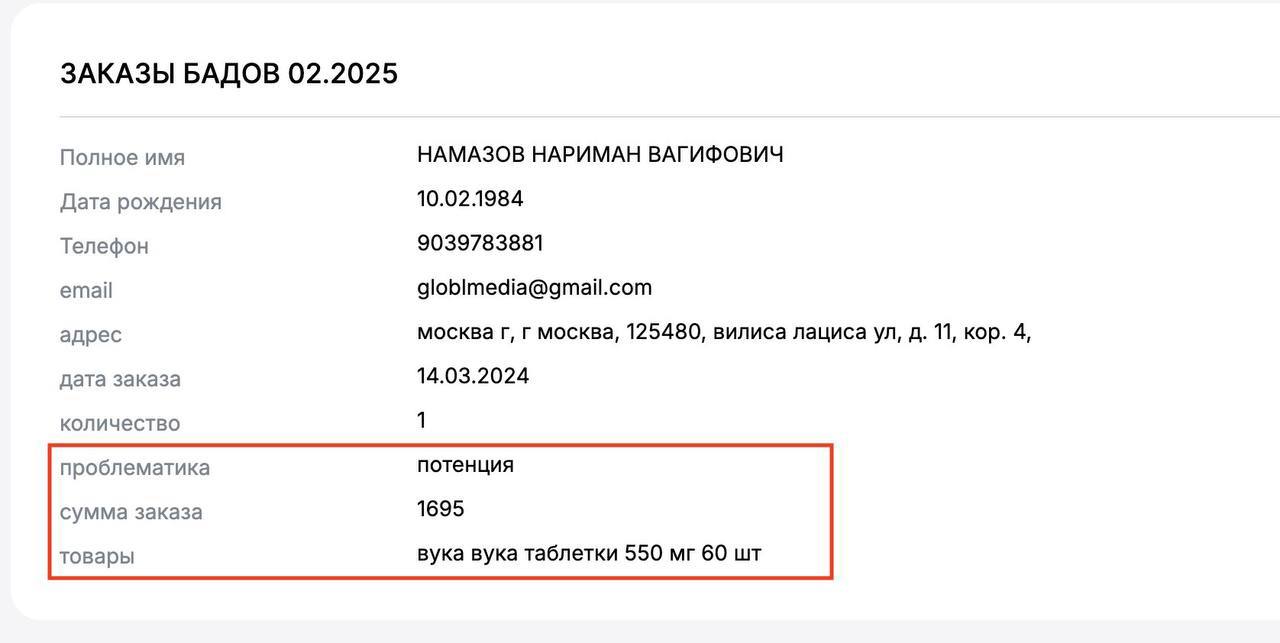 ЗАКАЗЫ БАДОВ 02.2025 Полное имя НАМАЗОВ НАРИМАН ВАГИФОВИЧ Дата рождения 10.02.1984 Телефон 9039783881 етай globlmedia@gmail.com адрес москва москва, 125480, вилиса лациса 11, кор. 4, дата заказа 14.03
