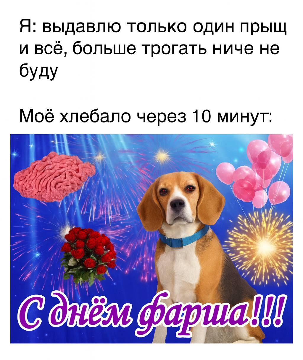 Я: выдавлю только один прыщ и всё, больше трогать ниче не буду Моё хлебало через 10 минут: у I}