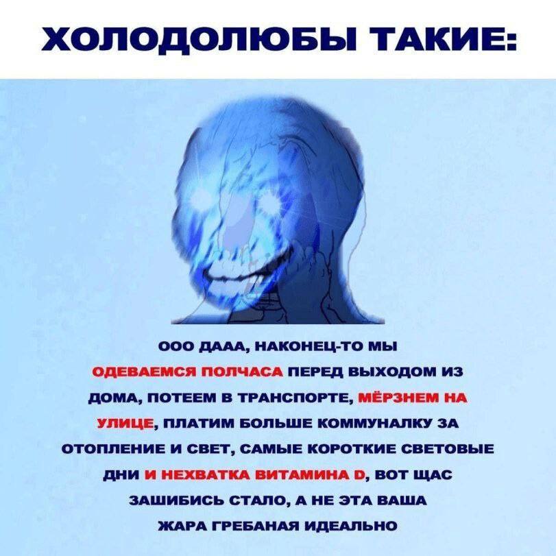 ХОЛОДОЛЮБЫ ТАКИЕ: ООО ДААА, НАКОНЕЦ-ТО МЫ ОДЕВАЕМСЯ ПОЛЧАСА ПЕРЕД ВЫХОДОМ ИЗ ДОМА, ПОТЕЕМ В ТРАНСПОРТЕ, МЁРЗНЕМ НА УЛИЦЕ, ПЛАТИМ БОЛЬШЕ КОММУНАЛКУ ЗА ОТОПЛЕНИЕ И СВЕТ, САМЫЕ КОРОТКИЕ СВЕТОВЫЕ ДНИ И НЕ